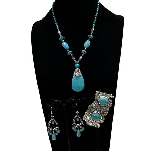 NWOT Fashion 3Pc Jewelry Set Women's Blue & Silver-tone Bohemian Faux Turquoise - Picture 5 of 6